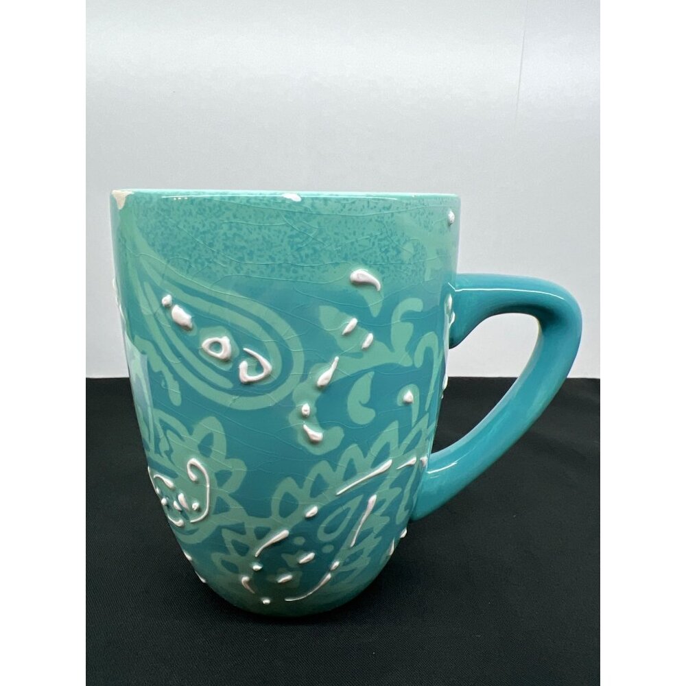 Laurie Gates Aqua Ceramic Coffee Mug Textured Floral Design Dishwasher Safe